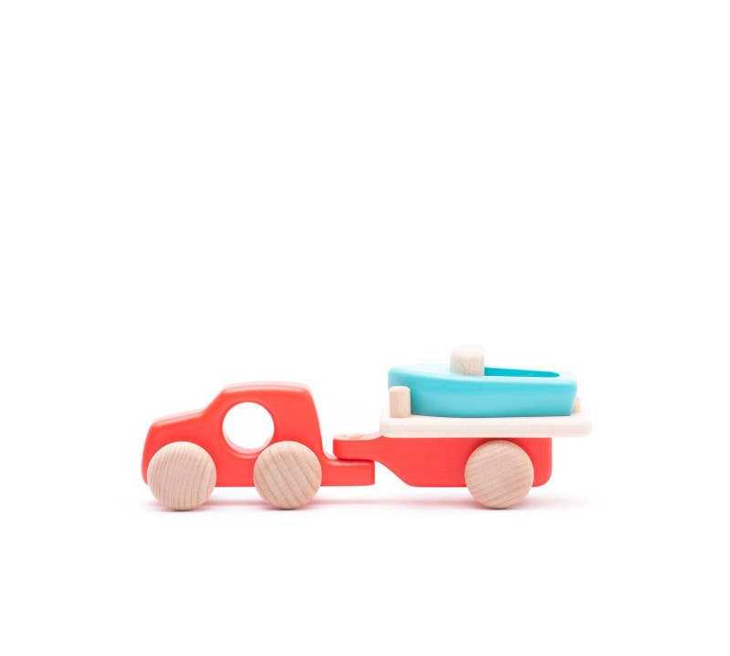Wooden Car with Boat - Red