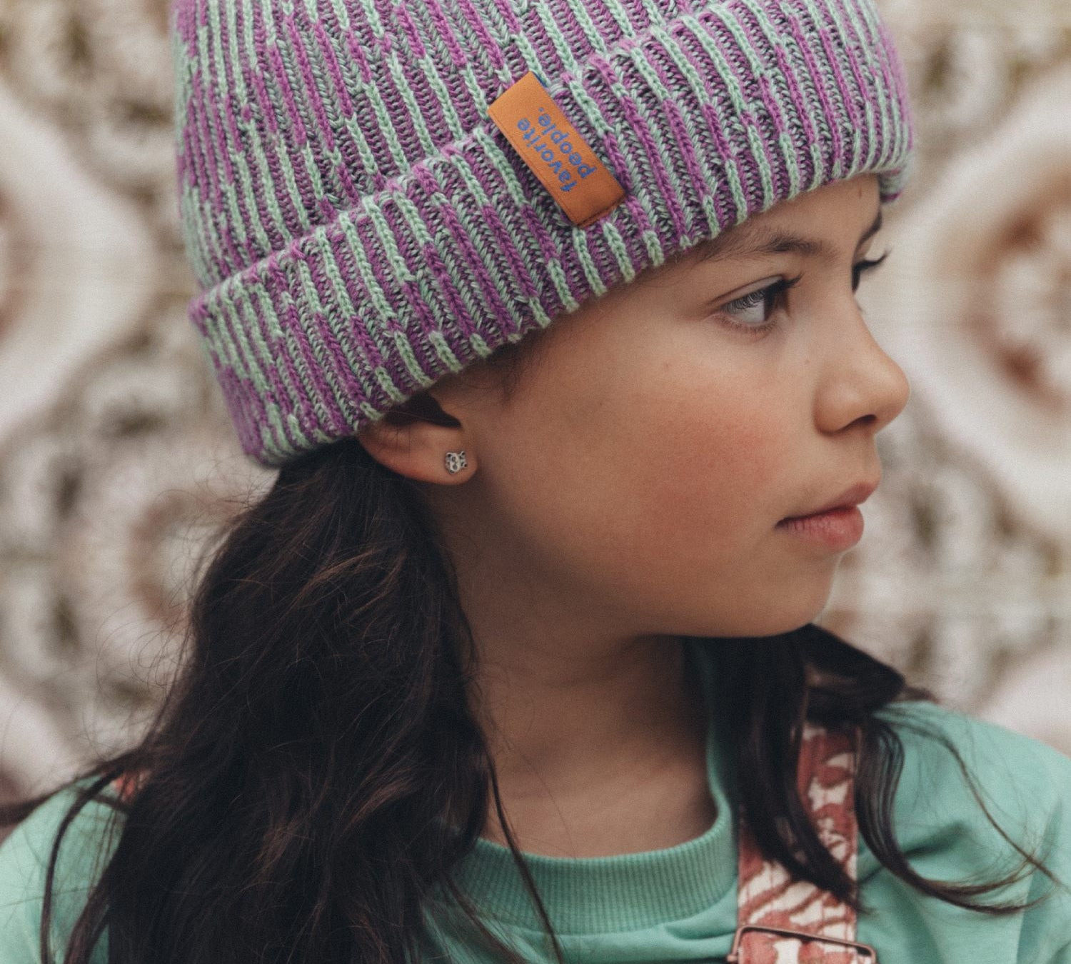 Kids Knitted Beanie - Purple + Green