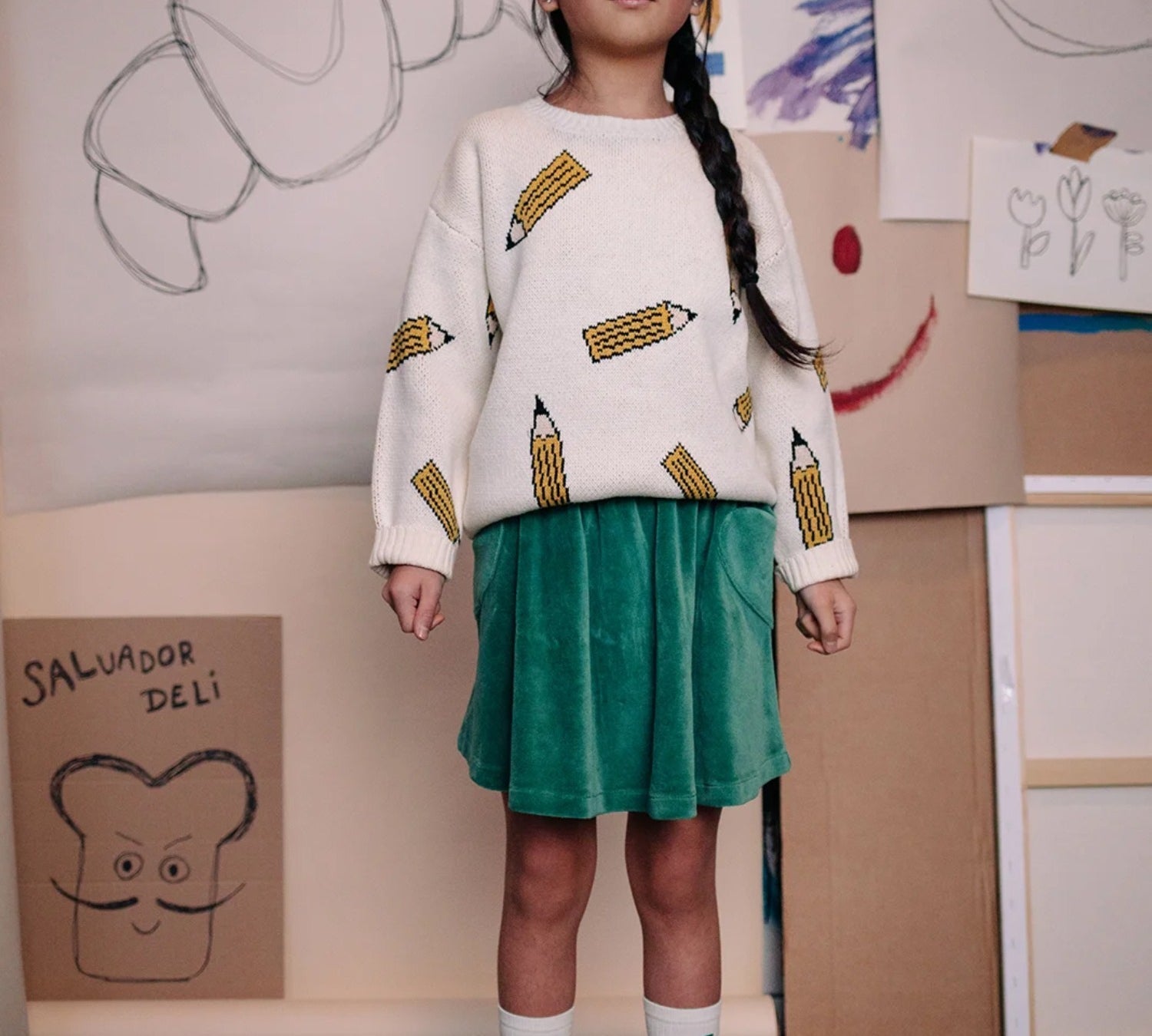 Kids Velvet Skirt - Heart Pockets - Deep Green
