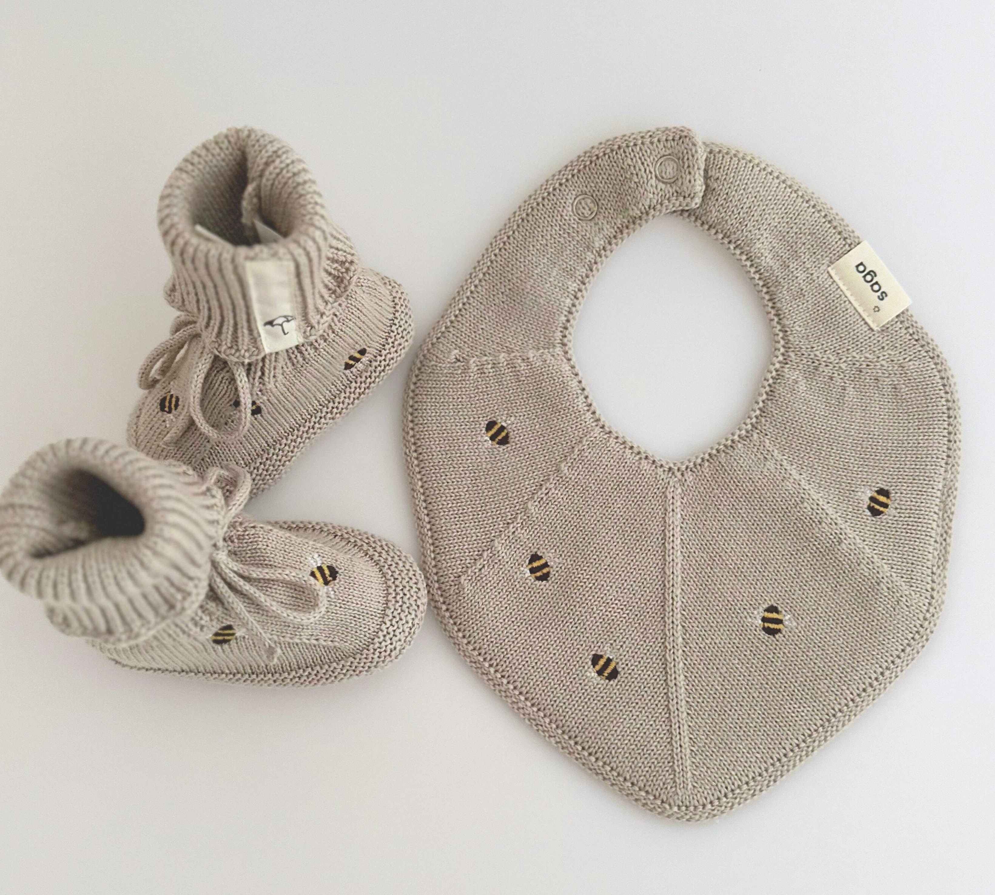 Embroidered Knitted Baby Bib - Honey Bee