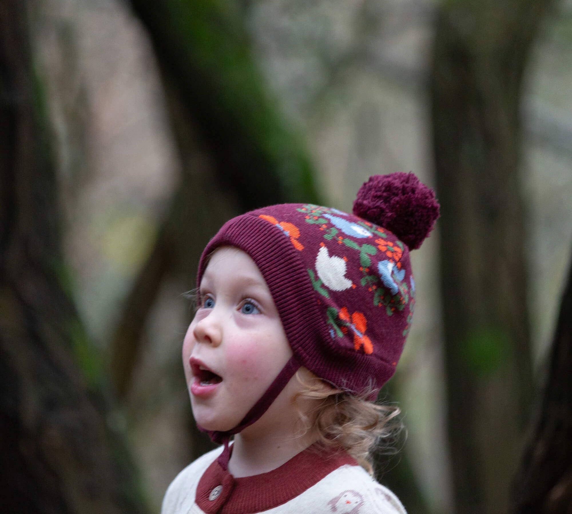 Folk Birds Knitted Bobble Hat - Berry